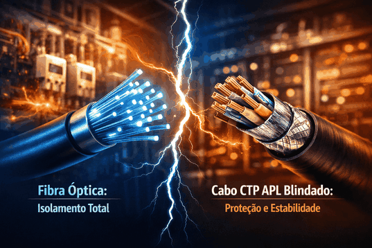 Comparação entre fibra óptica e cabo de cobre blindado em ambiente industrial com alta interferência elétrica