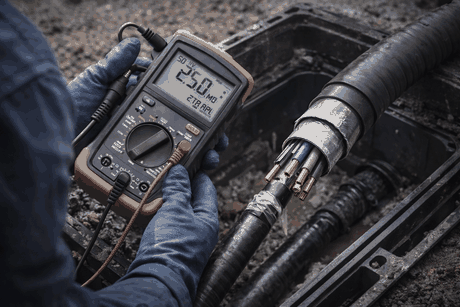  Técnico mede isolamento de cabo CTP APL com megômetro em caixa subterrânea antes da entrega da rede