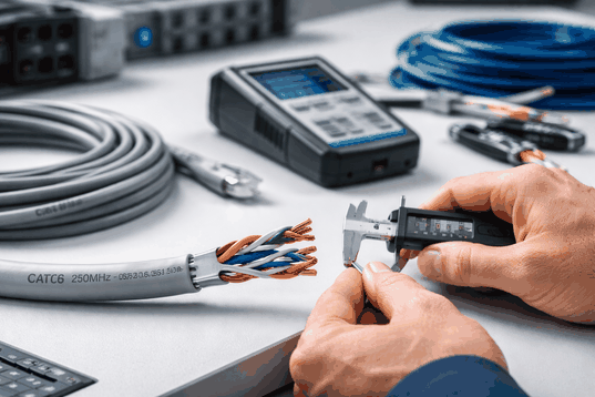 Técnico avaliando cabo de rede CAT6, medindo condutor em cobre e validando especificações técnicas.